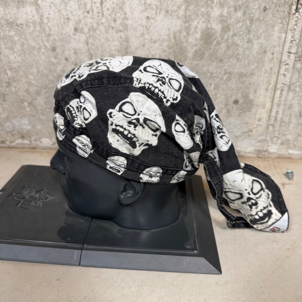 vintage 90s harley Skull Print Black White Cotton Biker Headwrap Bandana